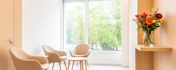 Intérieur lumineux d'un cabinet médical moderne avec espace d'accueil épuré