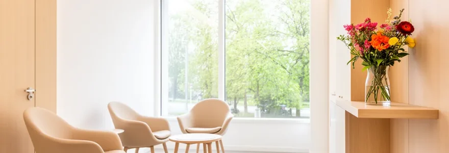 Intérieur lumineux d'un cabinet médical moderne avec espace d'accueil épuré
