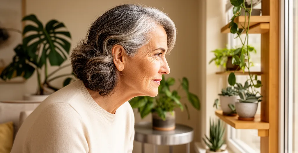 Femme mature de profil regardant par une fenêtre lumineuse