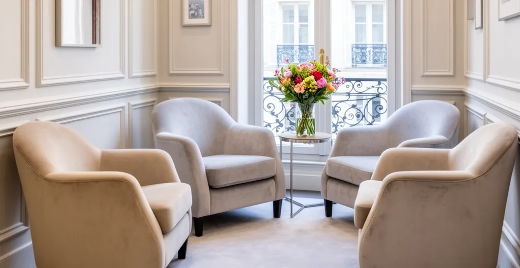 Salle d'attente lumineuse d'un cabinet médical haut de gamme avec fauteuils confortables