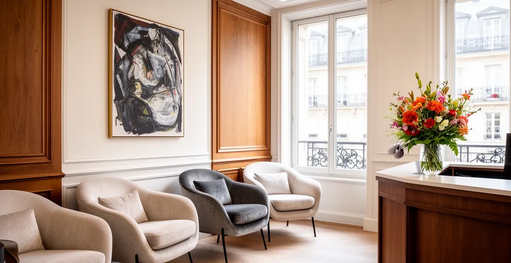 Espace d'accueil médical haut de gamme avec fauteuils design et lumière naturelle